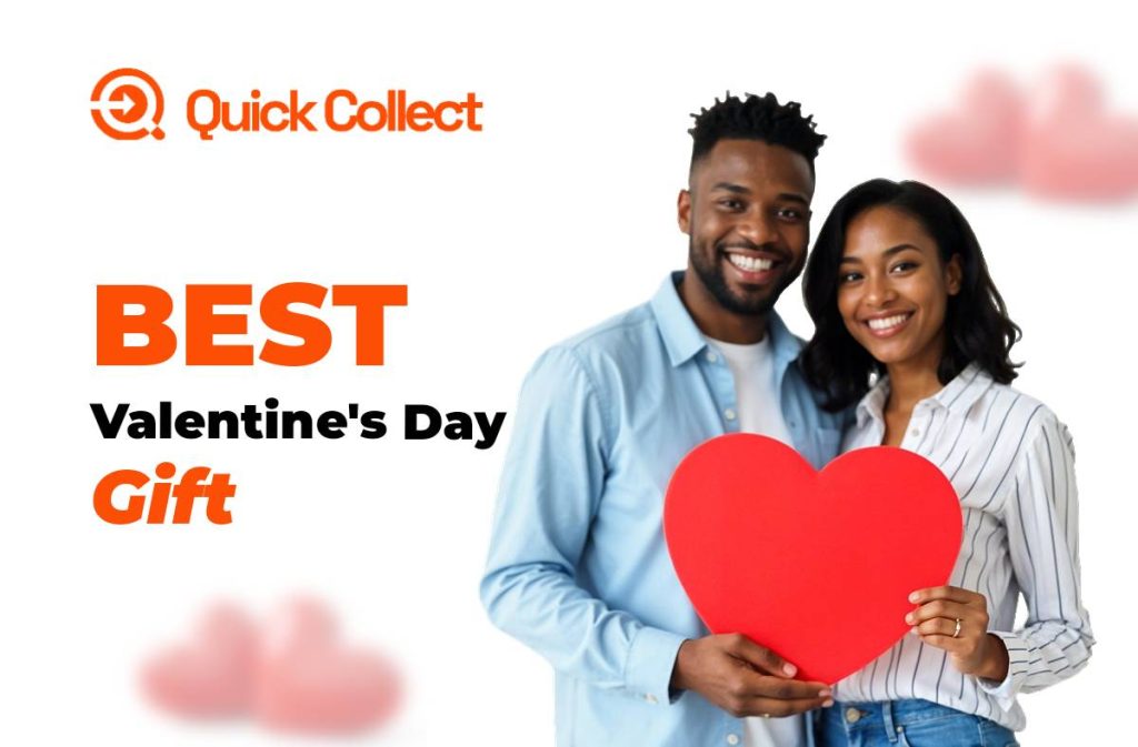 A happy Black couple holding a red heart, symbolizing love and the best Valentine's Day gift, with Quick Collect branding.