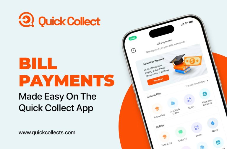 Smartphone displaying the QuickCollect app bill payment screen with tuition payment options for users in Canada.