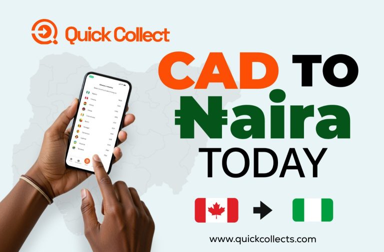 A hand holding a phone showing currency options on the Quick Collect app, with bold text that reads "CAD to Naira Today" and icons of Canadian and Nigerian flags.